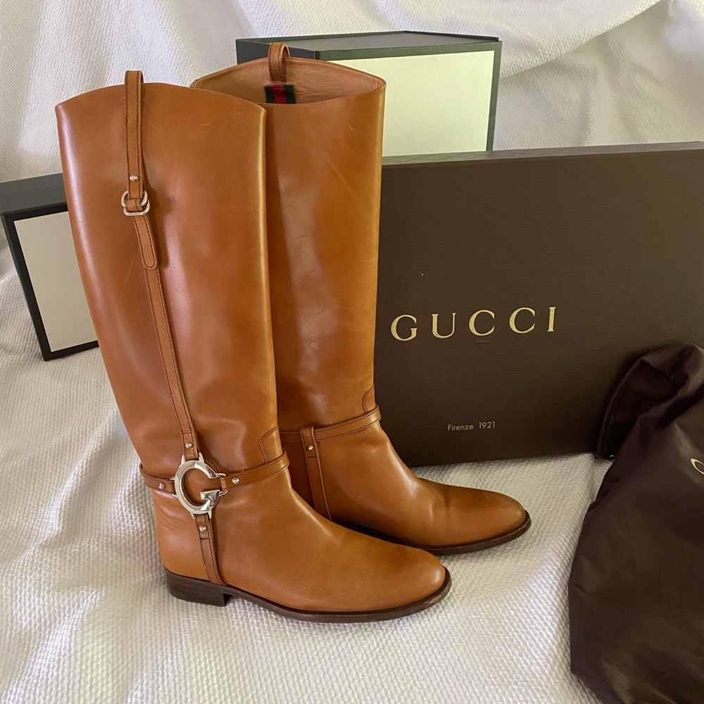 Gucci G Harness knee high riding boots chestnut brown fall boots